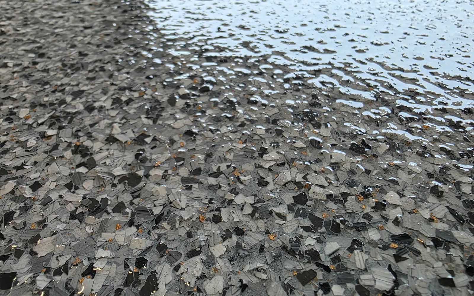 Close-up of gray, black and white epoxy flake under a clear topcoat