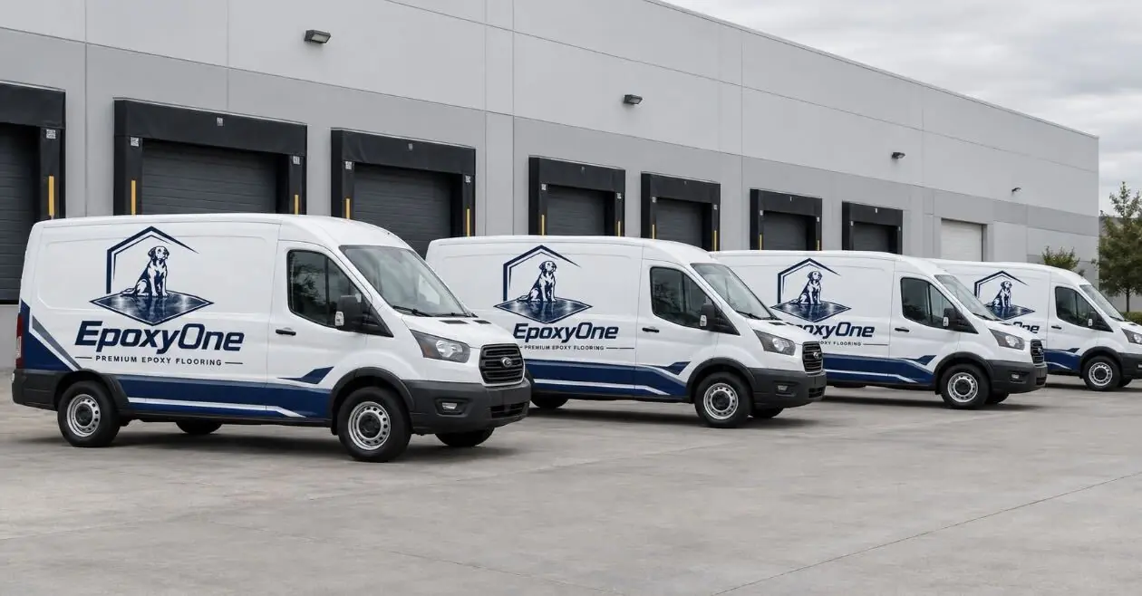 Four EpoxyOne vans with the dog logo lined up outside a warehouse loading dock