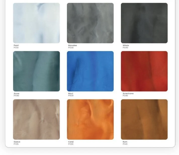 Nine metallic epoxy color samples on a sample board: pearl, manatee, whale, azure, maui, americana, guava, coral and rum
