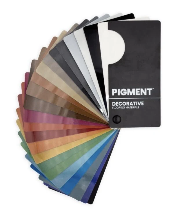 Fan deck of metallic pigment color samples for metallic epoxy floors