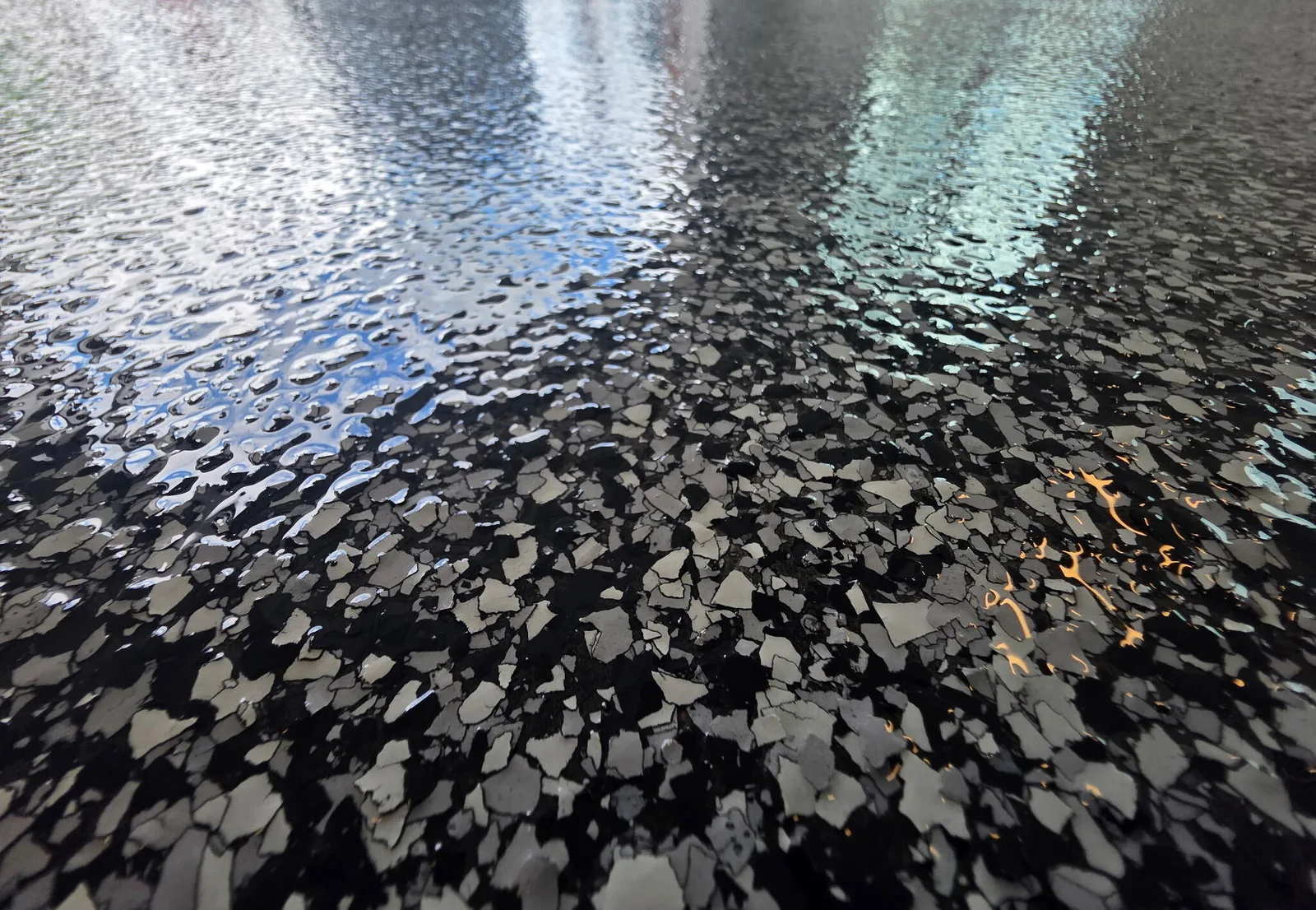 Close view of a black and gray flake floor sealed under a clear high-gloss topcoat