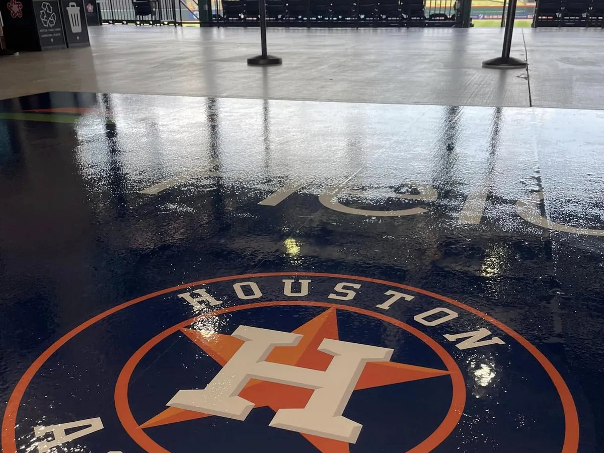 Houston Astros logo set into a coated concourse floor at Constellation Field