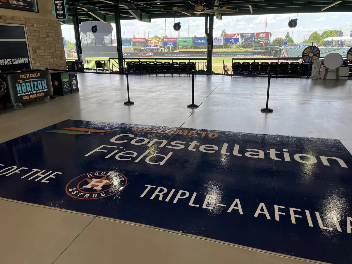 Navy floor graphic under the concourse at Constellation Field