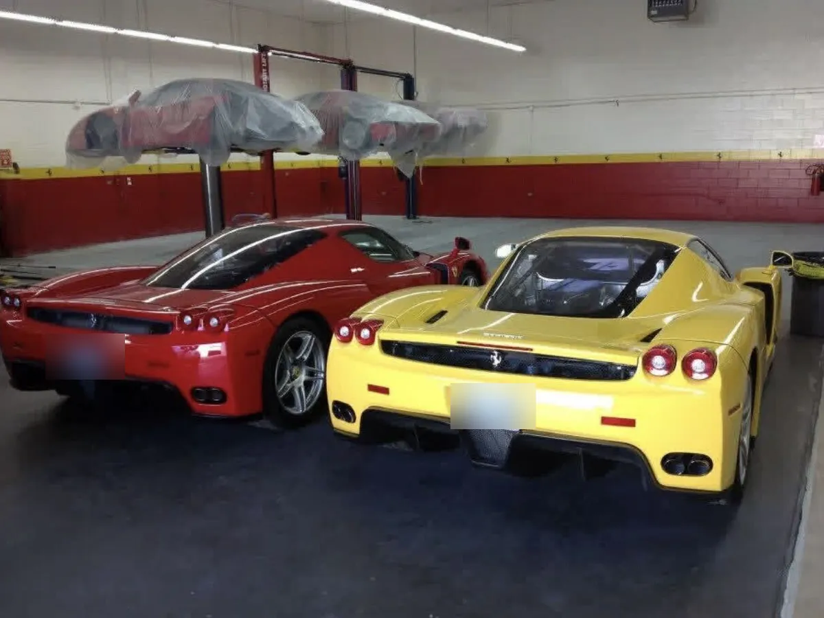 Two Ferrari Enzos on the finished flake floor in the dealership service bay