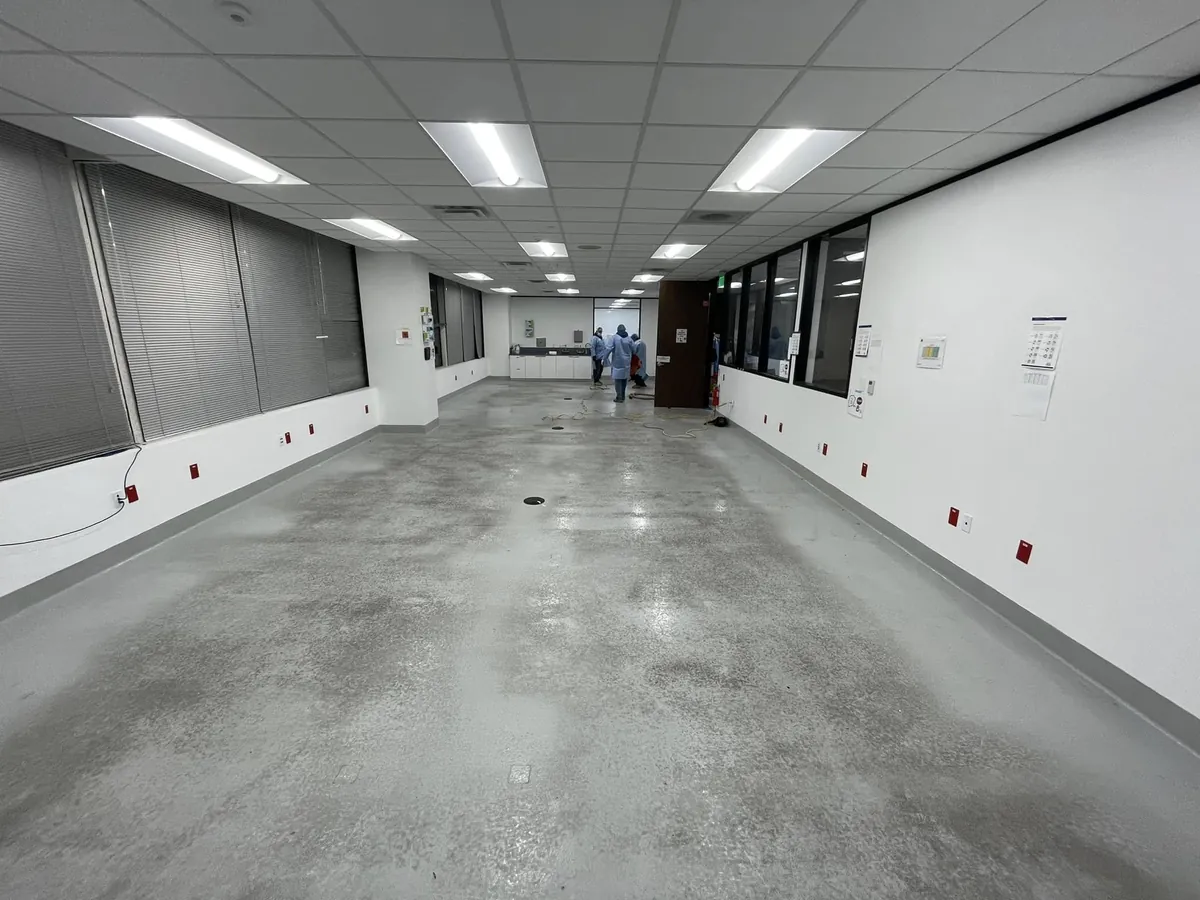 Coated corridor floor running past the laboratory doors